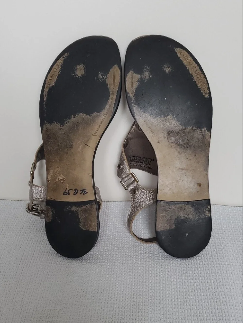 Franco Sarto Metallic Taupe Leather T-Strap Sandals